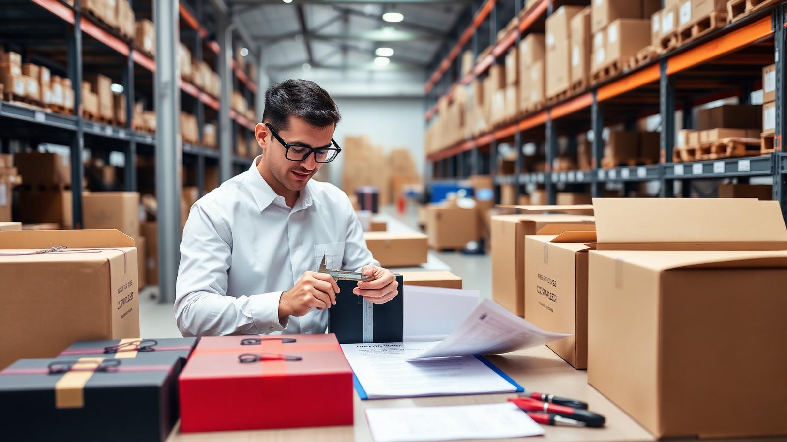 Quality inspector measuring a branded gift box with calipers next to packed cartons