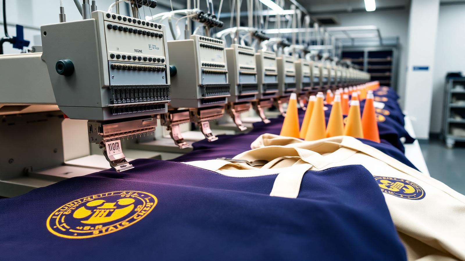 Multi-head embroidery machines stitching a gold logo onto navy canvas tote bags