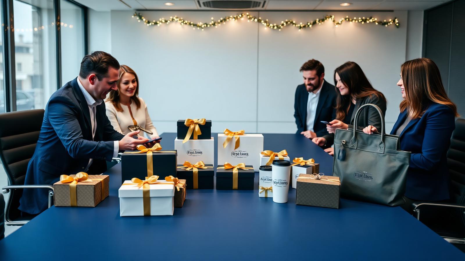 Corporate buyers reviewing navy and gold branded holiday gift boxes on a boardroom table